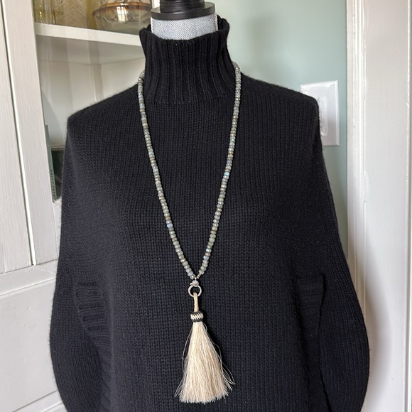 Opal and pyrite long silver diamond clasp horsehair charm tassel necklace - Picture 14 of 17